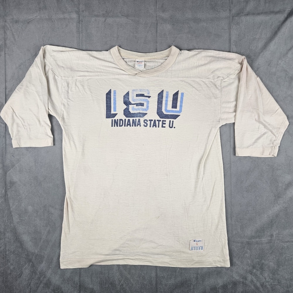 Vintage 80s Champion Indiana State University ISU 3/4 Sleeve Shirt Womens L USA